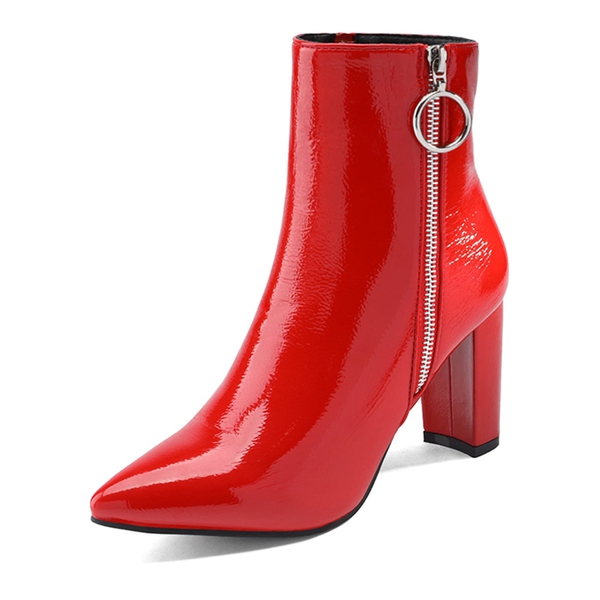 Chunky High Heel Ankle Boots - RED PAT -  0